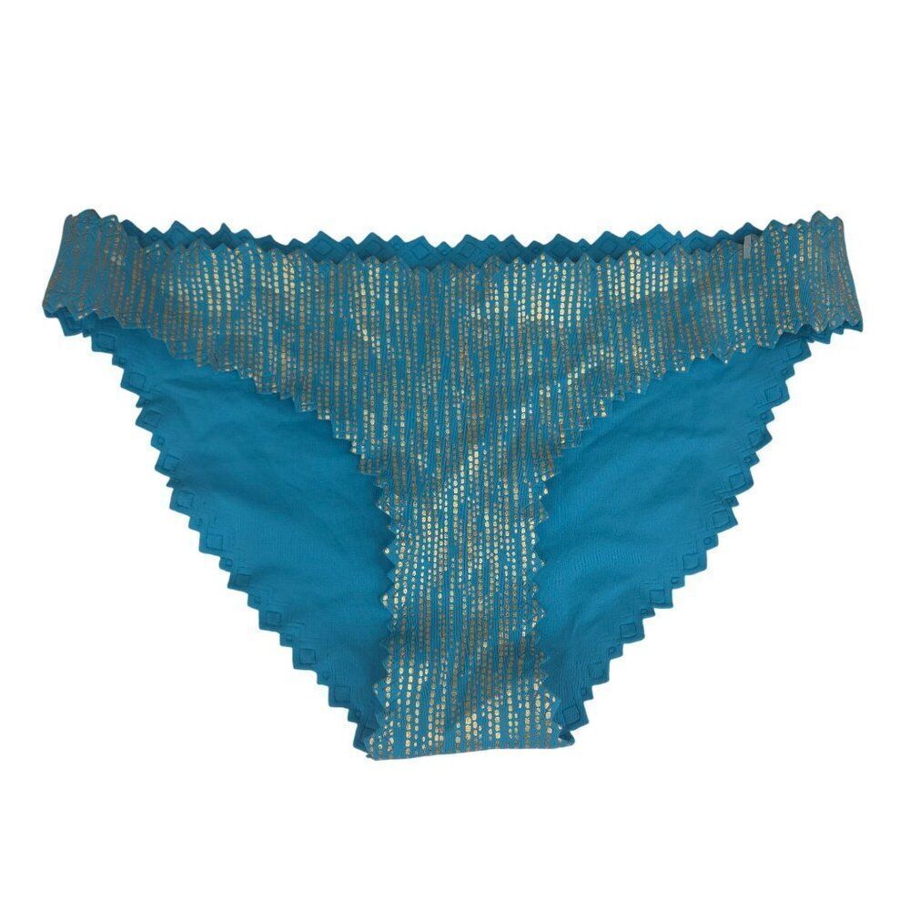 Teal Blue Gold Patterned Bikini Bottoms Zigzag Trim PilyQ Womens S NEW